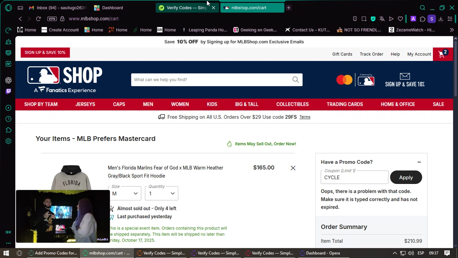Tampa Bay Rays promo code screenshot showing code CYCLE applied at Tampa Bay Rays checkout page. Uploaded by SimplyCodes community member VoucherSentinel6666 on Sep 21, 2025