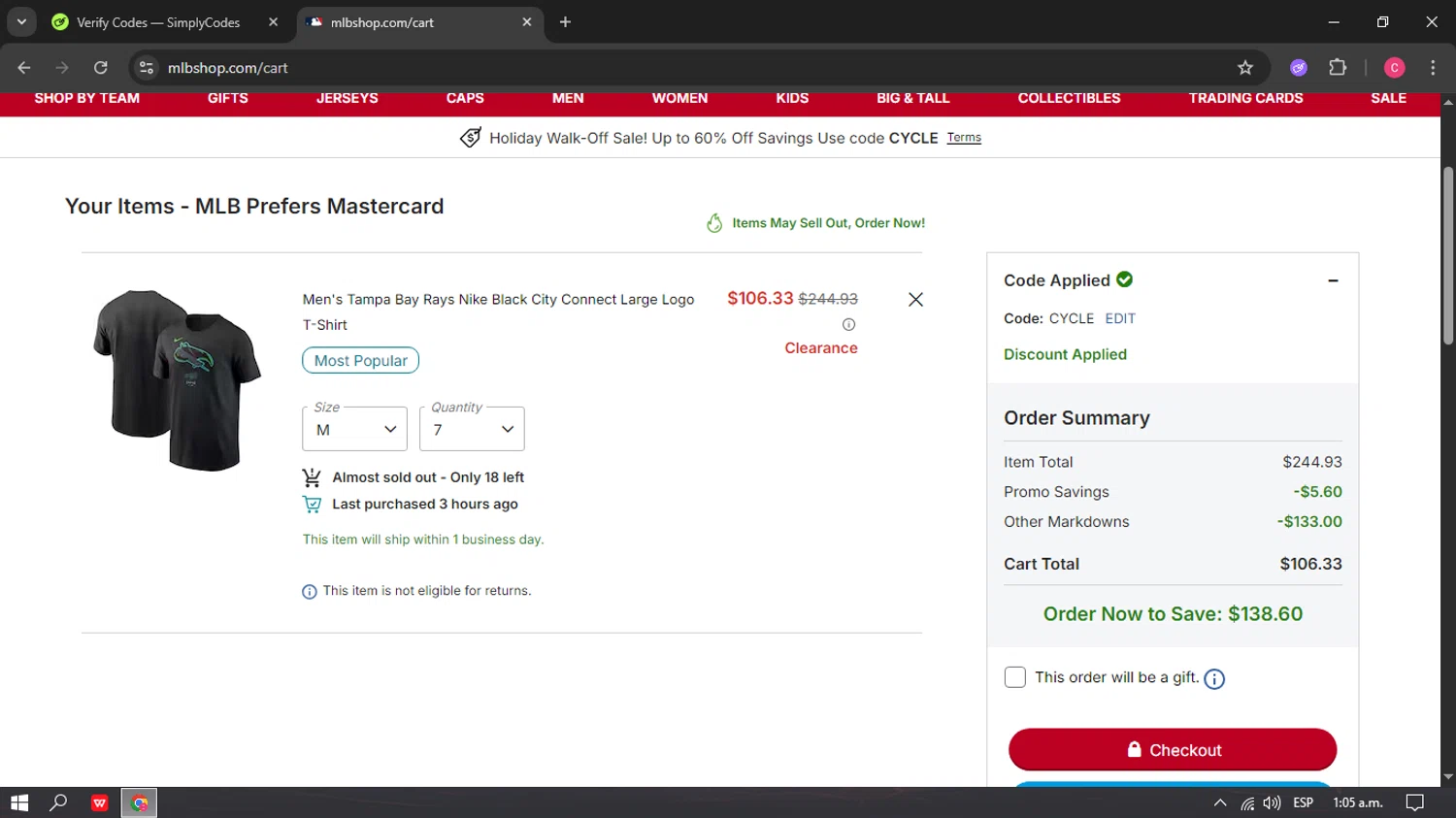 Tampa Bay Rays promo code screenshot showing code CYCLE applied at Tampa Bay Rays checkout page. Uploaded by SimplyCodes community member ricardokaka7 on Dec 19, 2025