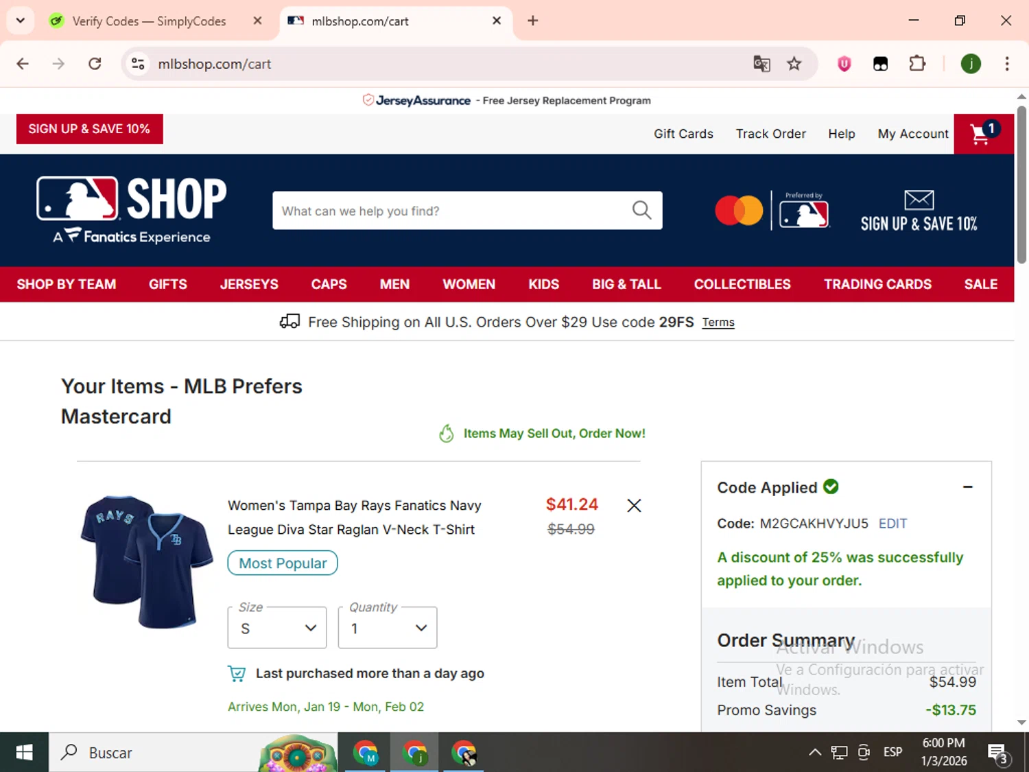 Tampa Bay Rays checkout page showing Tampa Bay Rays promo code box | Screenshot taken by SimplyCodes community member on Jan 3, 2026