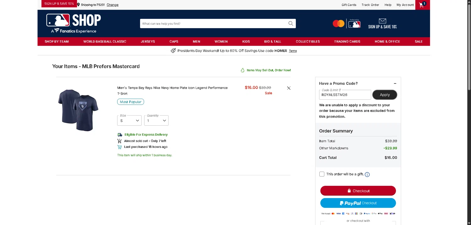 Tampa Bay Rays checkout page showing Tampa Bay Rays promo code box | Screenshot taken by SimplyCodes community member on Feb 15, 2026