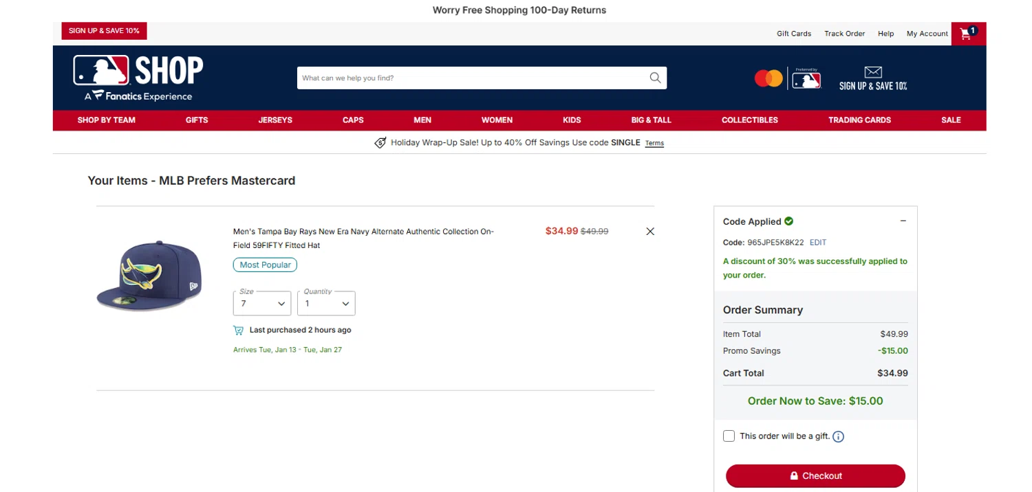 Tampa Bay Rays promo code screenshot showing code 965JPE5K8K22 applied at Tampa Bay Rays checkout page. Uploaded by SimplyCodes community member OnlywM on Dec 26, 2025