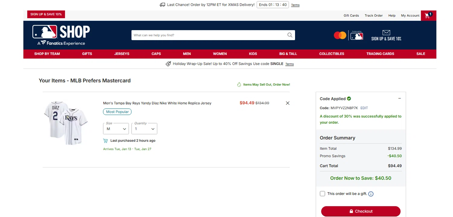 Tampa Bay Rays promo code screenshot showing code MVPYVZ2N8P7K applied at Tampa Bay Rays checkout page. Uploaded by SimplyCodes community member OnlywM on Dec 22, 2025