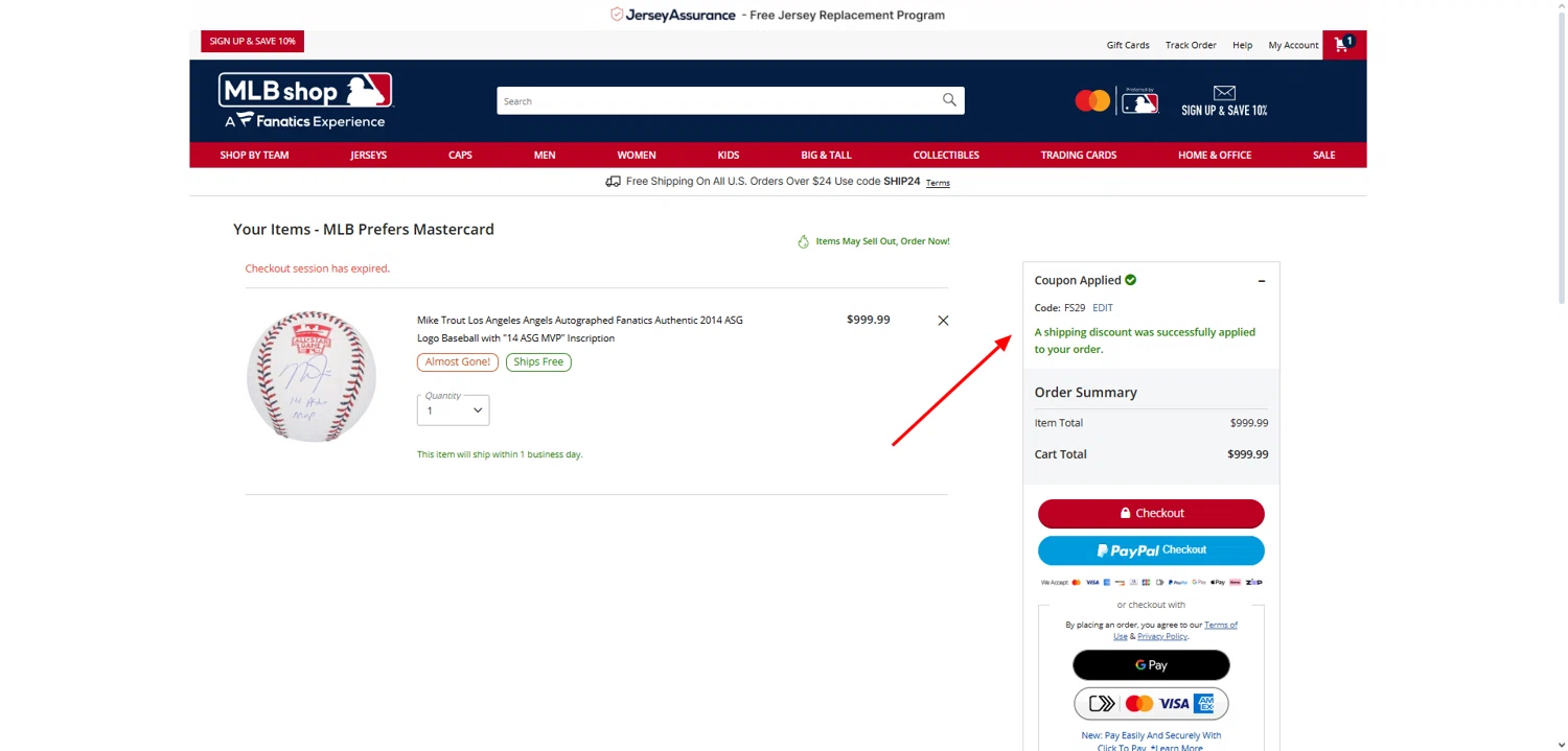 Tampa Bay Rays promo code screenshot showing code FS29 applied at Tampa Bay Rays checkout page. Uploaded by SimplyCodes community member User404 on May 21, 2025