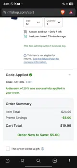 Tampa Bay Buccaneers coupon verification screenshot