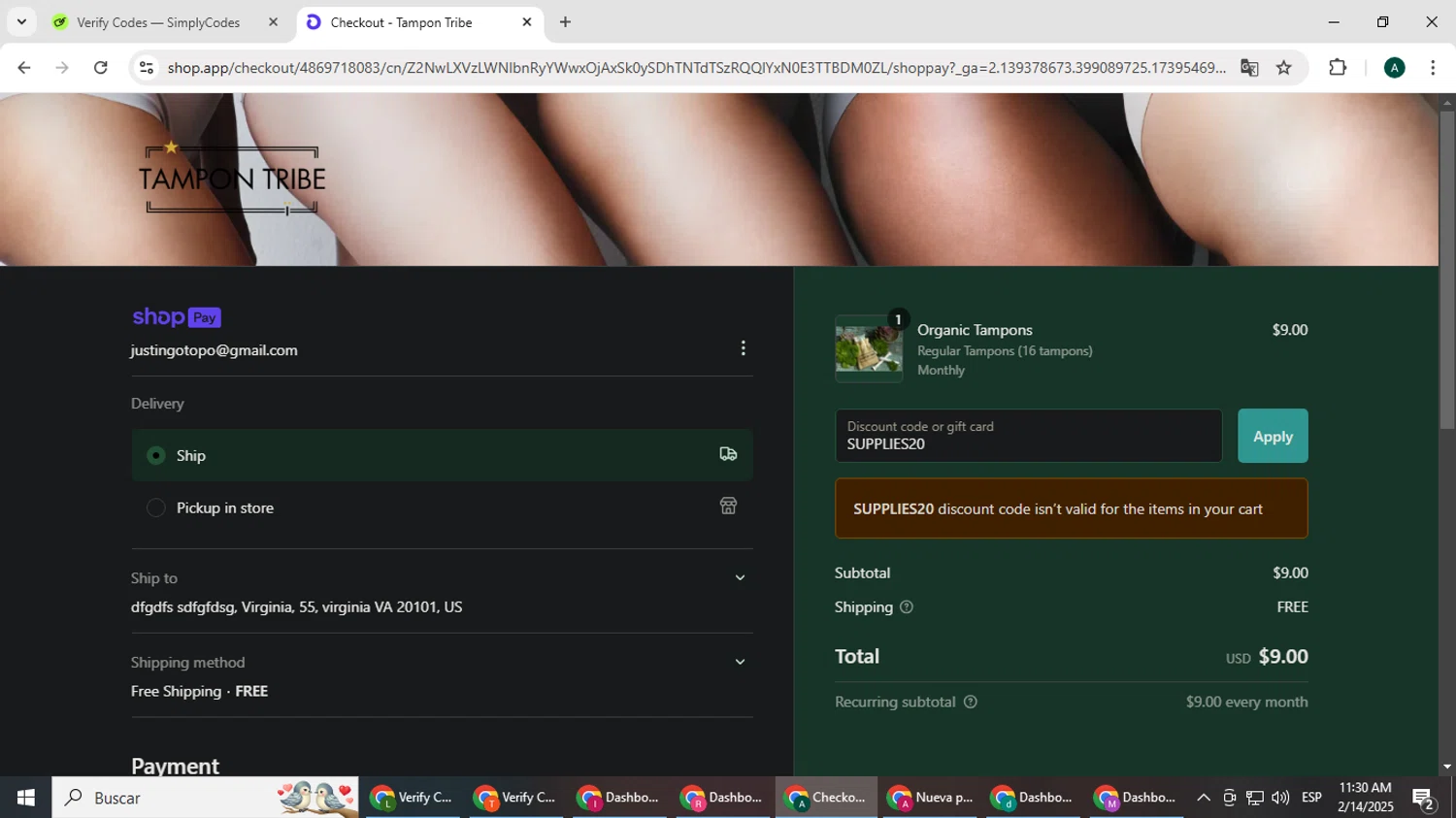 Tampon Tribe coupon code screenshot showing code SUPPLIES20 applied at Tampon Tribe checkout page. Uploaded by SimplyCodes community member HAOJIN on Feb 14, 2025
