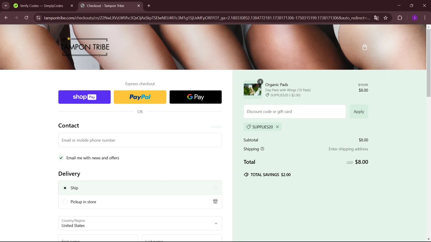 Tampon Tribe coupon code screenshot showing code SUPPLIES20 applied at Tampon Tribe checkout page. Uploaded by SimplyCodes community member MagnificentSleuth912 on Jan 29, 2025