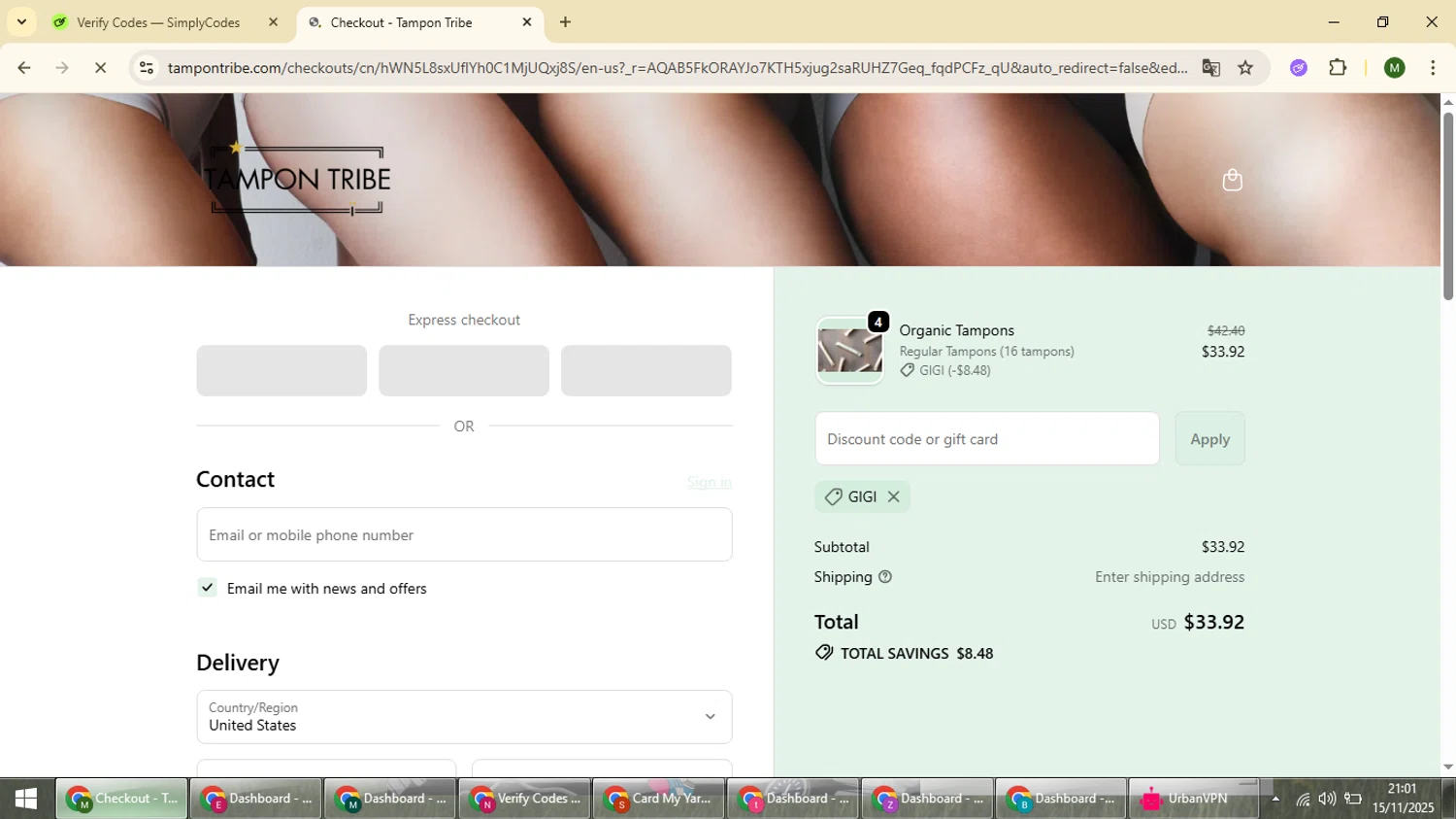 Tampon Tribe coupon code screenshot showing code GIGI applied at Tampon Tribe checkout page. Uploaded by SimplyCodes community member loversuper on Nov 16, 2025