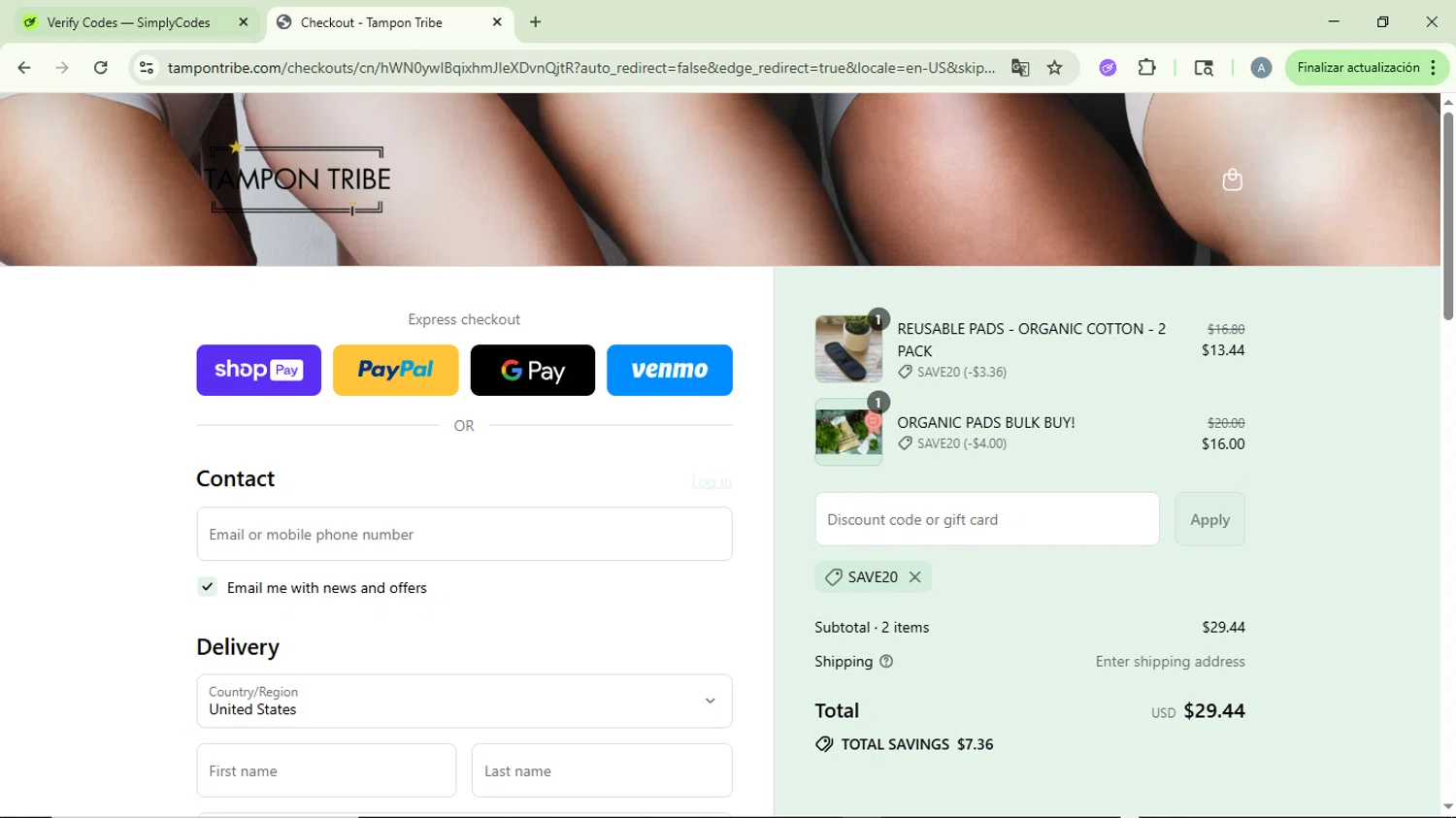 Tampon Tribe coupon code screenshot showing code SAVE20 applied at Tampon Tribe checkout page. Uploaded by SimplyCodes community member DiscountVirtuoso6243 on Jul 24, 2025