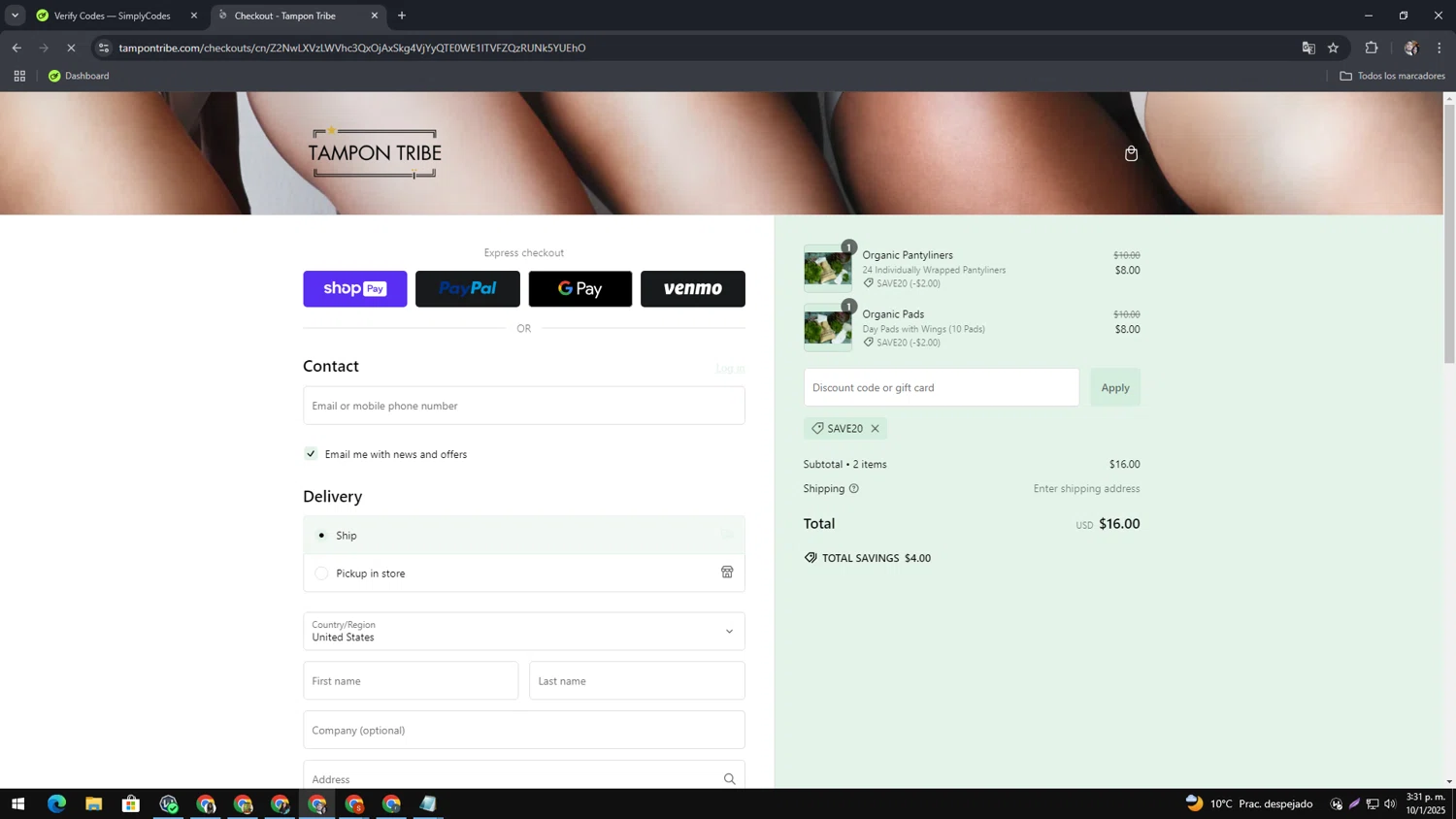 Tampon Tribe coupon code screenshot showing code SAVE20 applied at Tampon Tribe checkout page. Uploaded by SimplyCodes community member MagnificentAce6663 on Jan 10, 2025