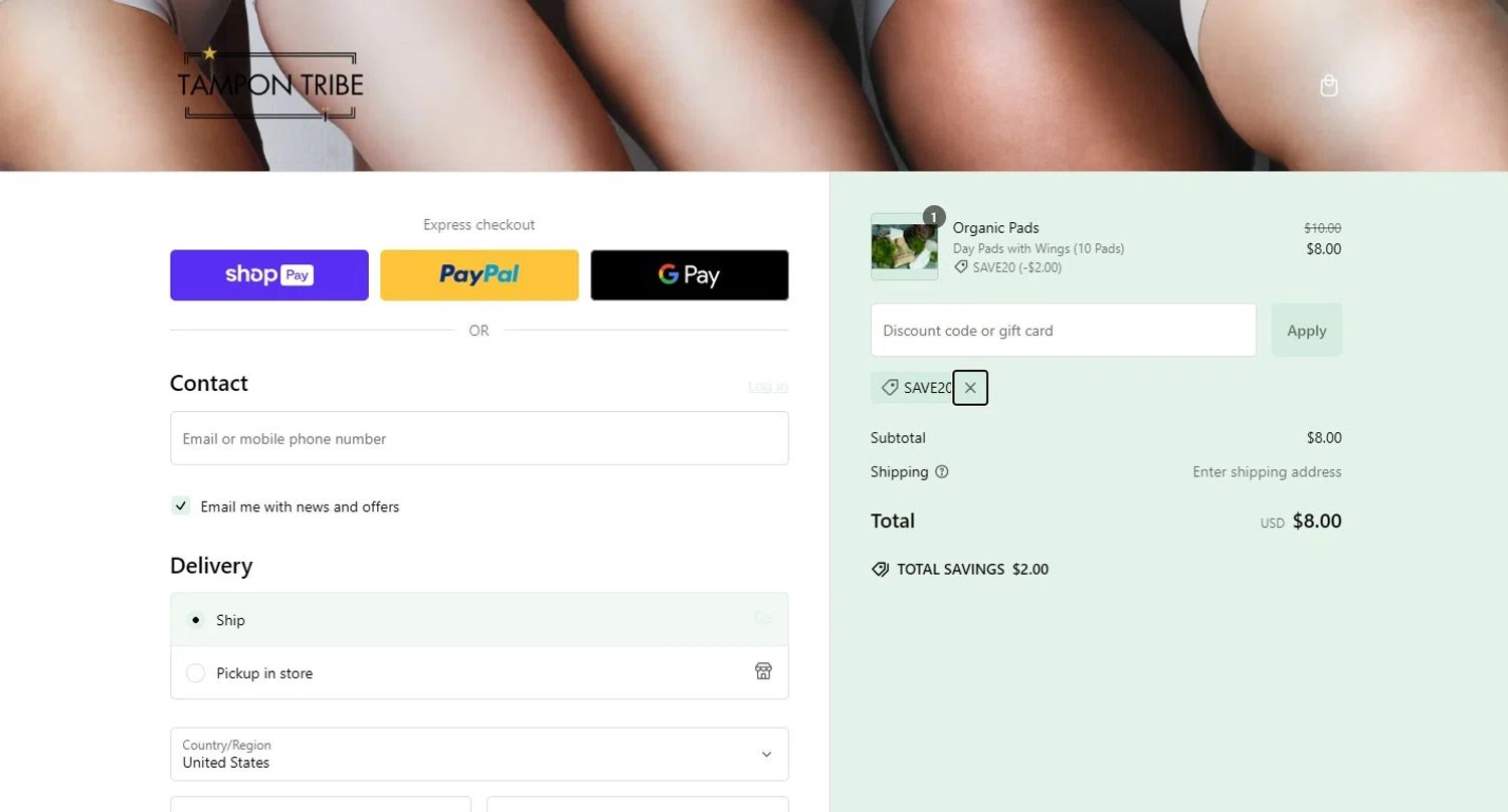 Tampon Tribe coupon code screenshot showing code SAVE20 applied at Tampon Tribe checkout page. Uploaded by SimplyCodes community member mikhaildelmoral on Jan 26, 2025