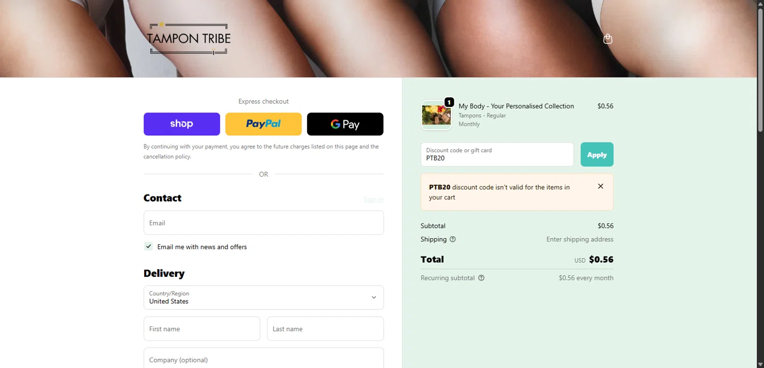 Tampon Tribe coupon code screenshot showing code PTB20 applied at Tampon Tribe checkout page. Uploaded by SimplyCodes community member Lorencia on Oct 24, 2025