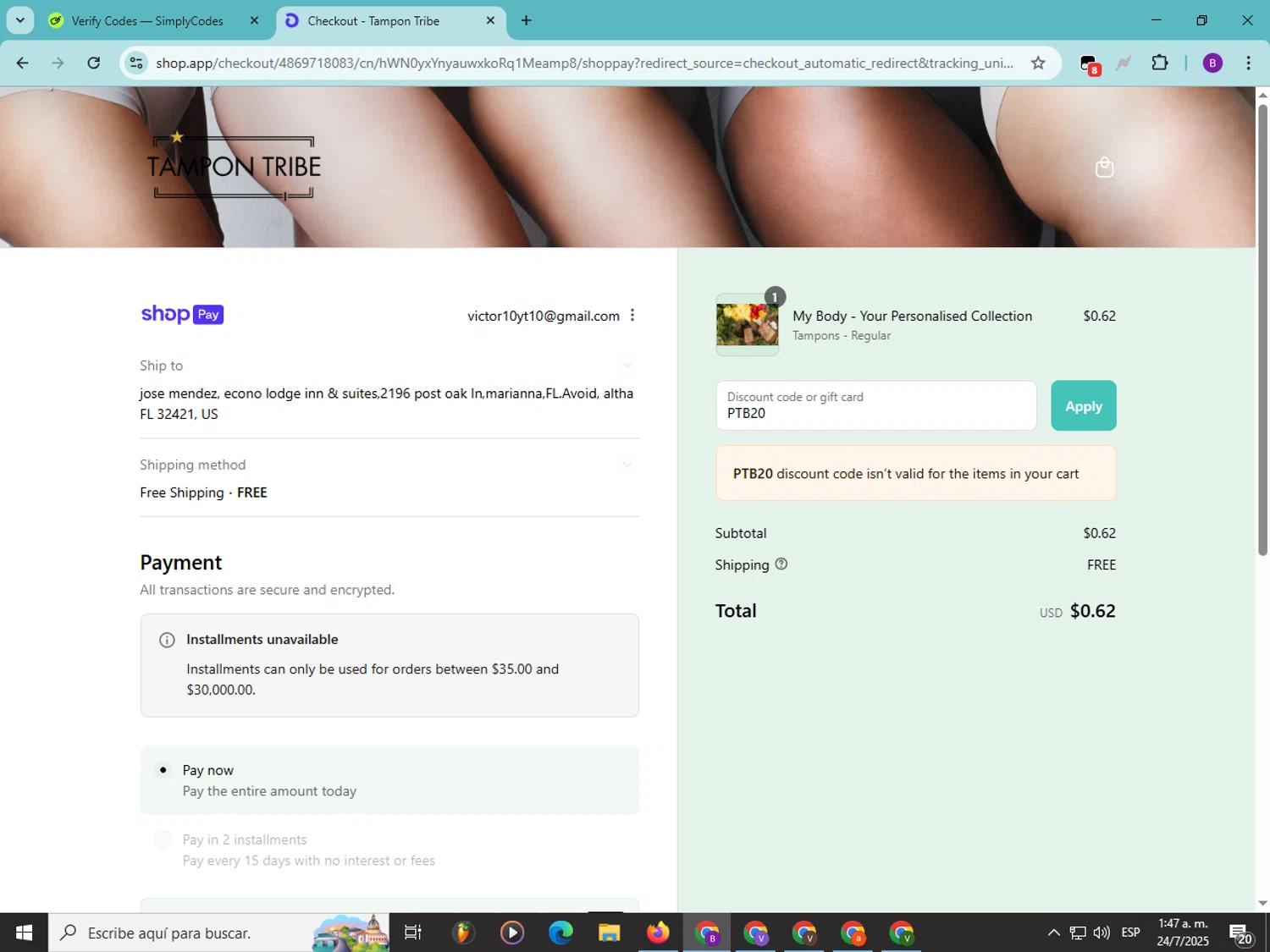 Tampon Tribe coupon code screenshot showing code PTB20 applied at Tampon Tribe checkout page. Uploaded by SimplyCodes community member Soyvictor on Jul 24, 2025