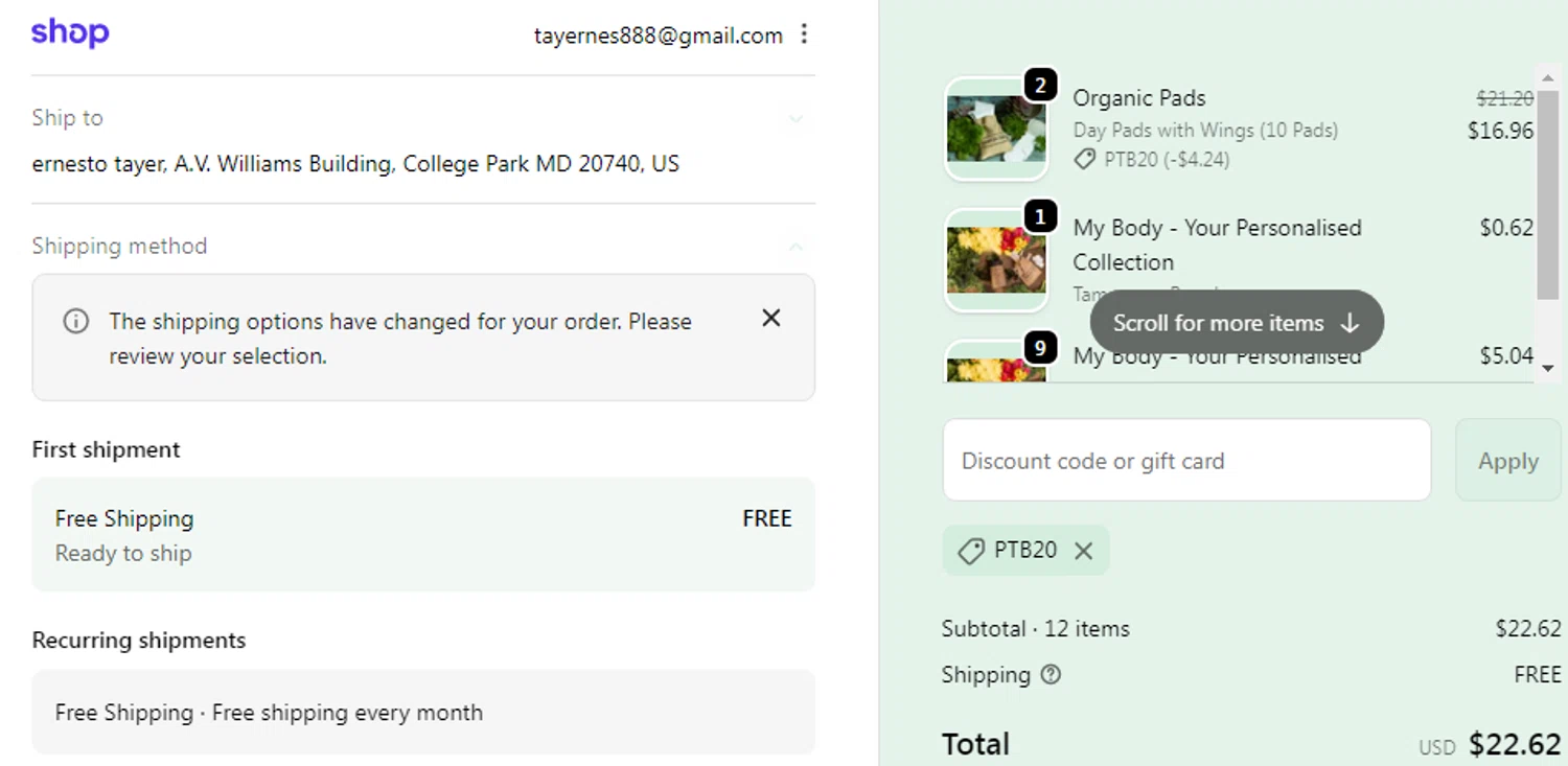 Tampon Tribe coupon code screenshot showing code PTB20 applied at Tampon Tribe checkout page. Uploaded by SimplyCodes community member Veronicas on Nov 16, 2025