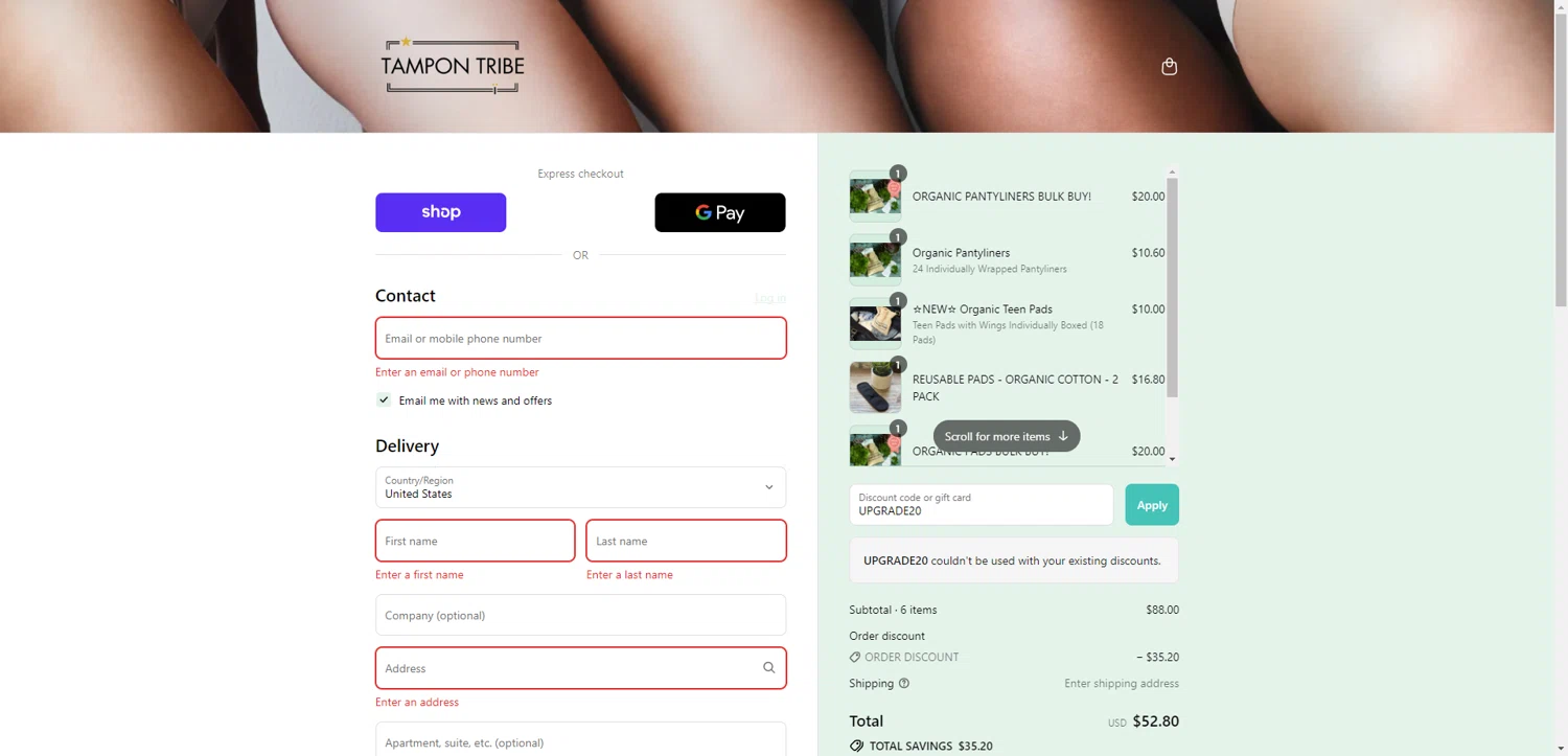 Tampon Tribe coupon code screenshot showing code UPGRADE20 applied at Tampon Tribe checkout page. Uploaded by SimplyCodes community member CleverHawk1744 on Aug 31, 2025