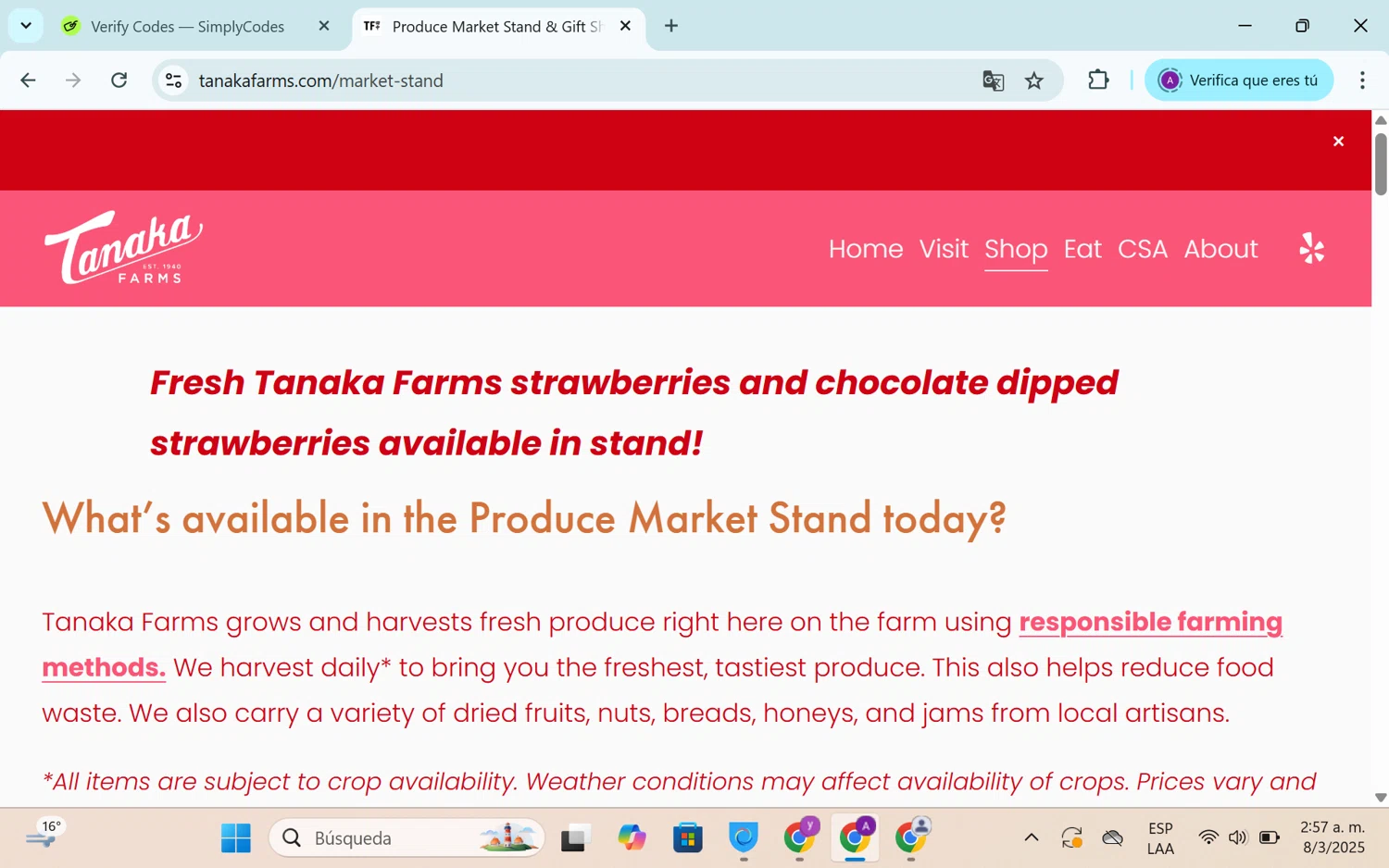 Tanaka Farms promo code screenshot showing code FIRSTWEEK10 applied at Tanaka Farms checkout page. Uploaded by SimplyCodes community member SEANJOHN55 on Mar 8, 2025