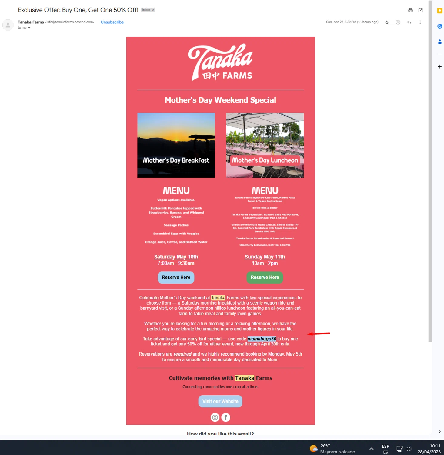 Tanaka Farms promo code screenshot showing code mamabogo50 applied at Tanaka Farms checkout page. Uploaded by SimplyCodes community member UnkNownVnzla on Apr 28, 2025