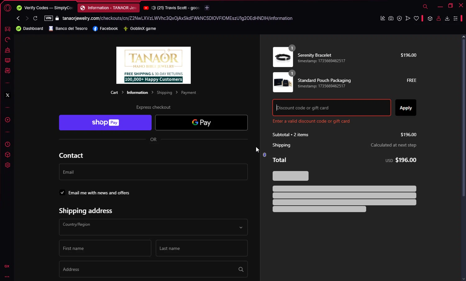Tanaor Jewelry discount code screenshot showing code THANKS15 applied at Tanaor Jewelry checkout page. Uploaded by SimplyCodes community member Ema007 on Dec 31, 2024