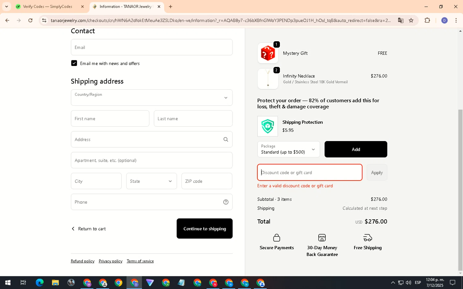 Tanaor Jewelry discount code screenshot showing code TAN10 applied at Tanaor Jewelry checkout page. Uploaded by SimplyCodes community member PennyCurator6489 on Dec 7, 2025