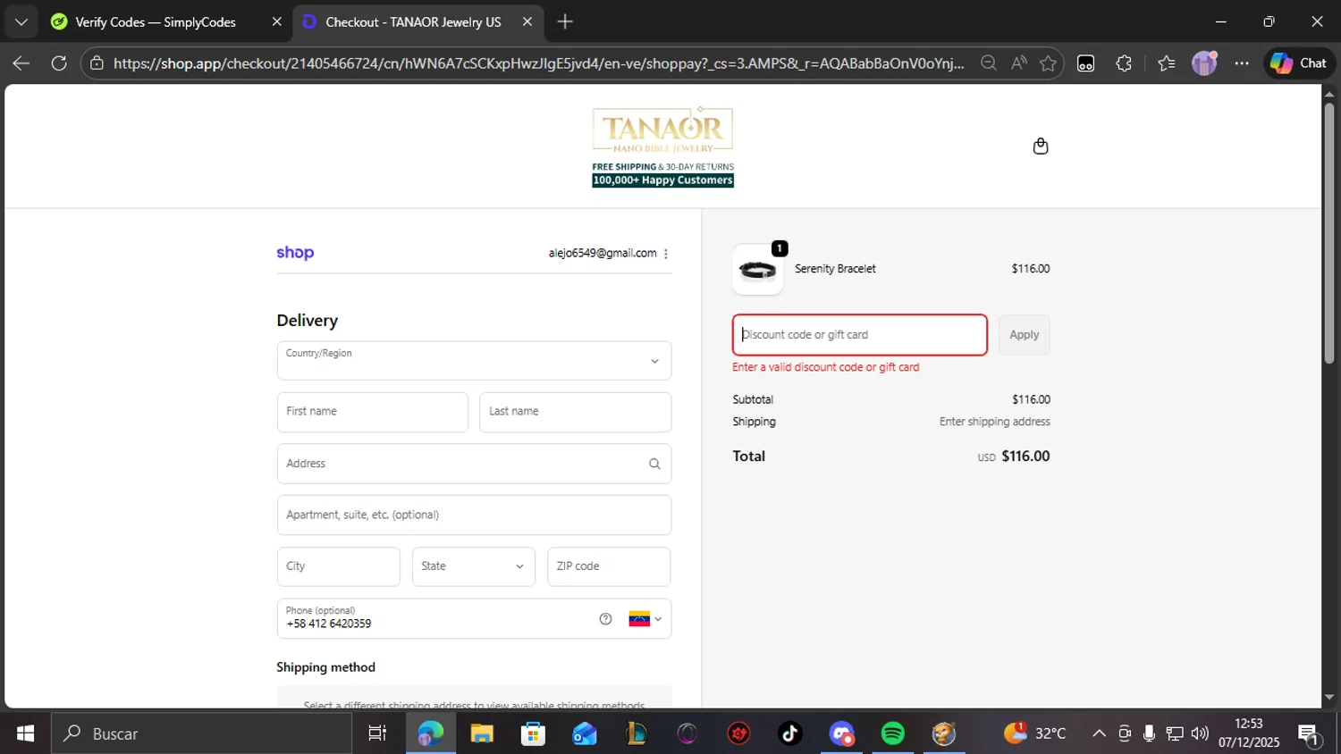Tanaor Jewelry discount code screenshot showing code TAN10 applied at Tanaor Jewelry checkout page. Uploaded by SimplyCodes community member THEBANANA on Dec 7, 2025