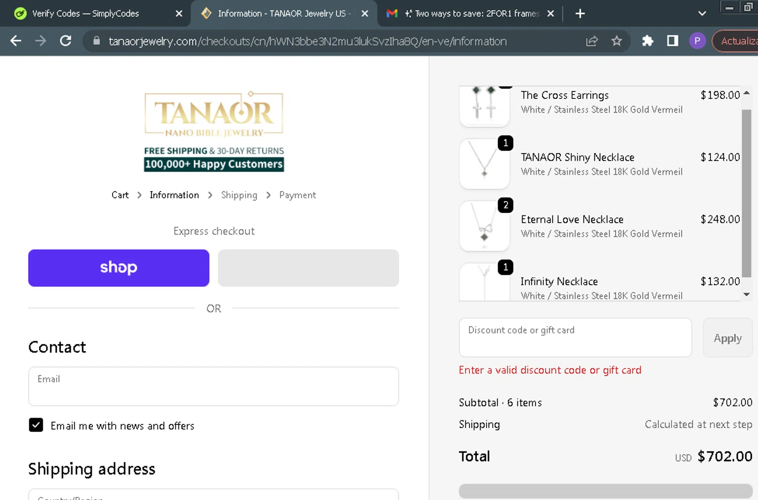 Tanaor Jewelry discount code screenshot showing code Extra applied at Tanaor Jewelry checkout page. Uploaded by SimplyCodes community member ParisSmith on Oct 1, 2025