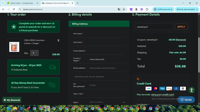 Tanasi checkout page showing Tanasi coupon code box | Screenshot taken by SimplyCodes community member on Jun 14, 2025