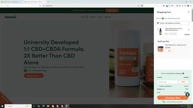 Tanasi checkout page showing Tanasi coupon code box | Screenshot taken by SimplyCodes community member on Sep 5, 2025