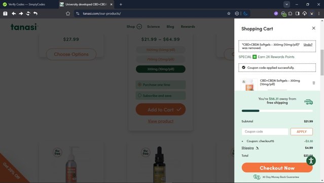 Tanasi checkout page showing Tanasi coupon code box | Screenshot taken by SimplyCodes community member on Sep 6, 2025