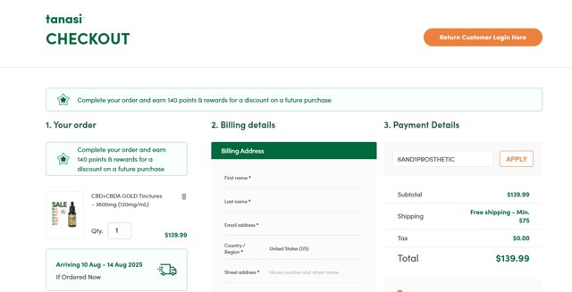 Tanasi checkout page showing Tanasi coupon code box | Screenshot taken by SimplyCodes community member on Aug 8, 2025