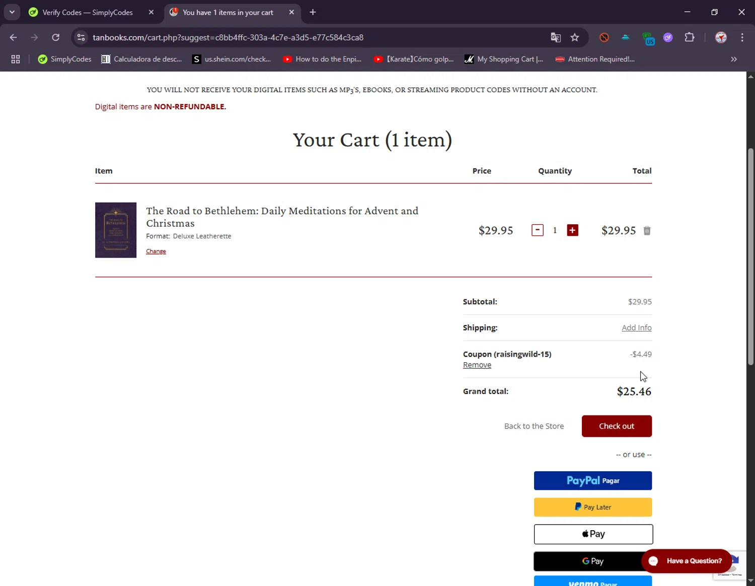 Tan Books promo code screenshot showing code raisingwild-15 applied at Tan Books checkout page. Uploaded by SimplyCodes community member ElIntrepidoVolador on Jun 5, 2025