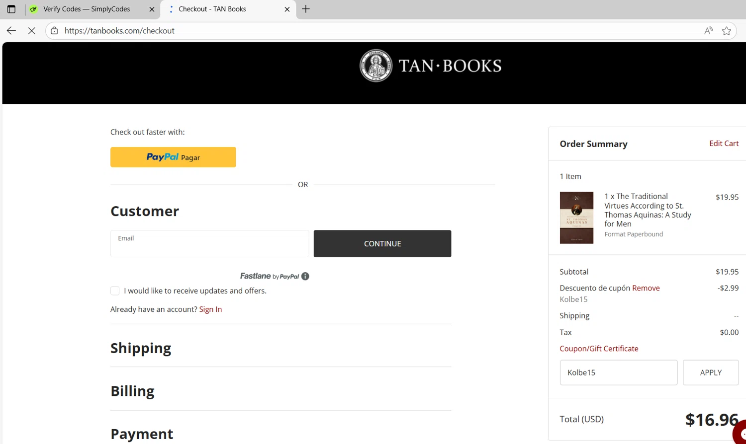 Tan Books promo code screenshot showing code Kolbe15 applied at Tan Books checkout page. Uploaded by SimplyCodes community member RoyalNavigator1011 on Aug 14, 2025