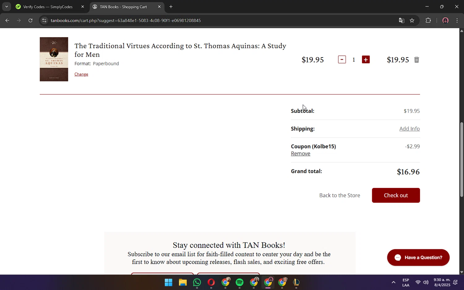 Tan Books promo code screenshot showing code Kolbe15 applied at Tan Books checkout page. Uploaded by SimplyCodes community member ShrewdPilot3521 on Apr 8, 2025