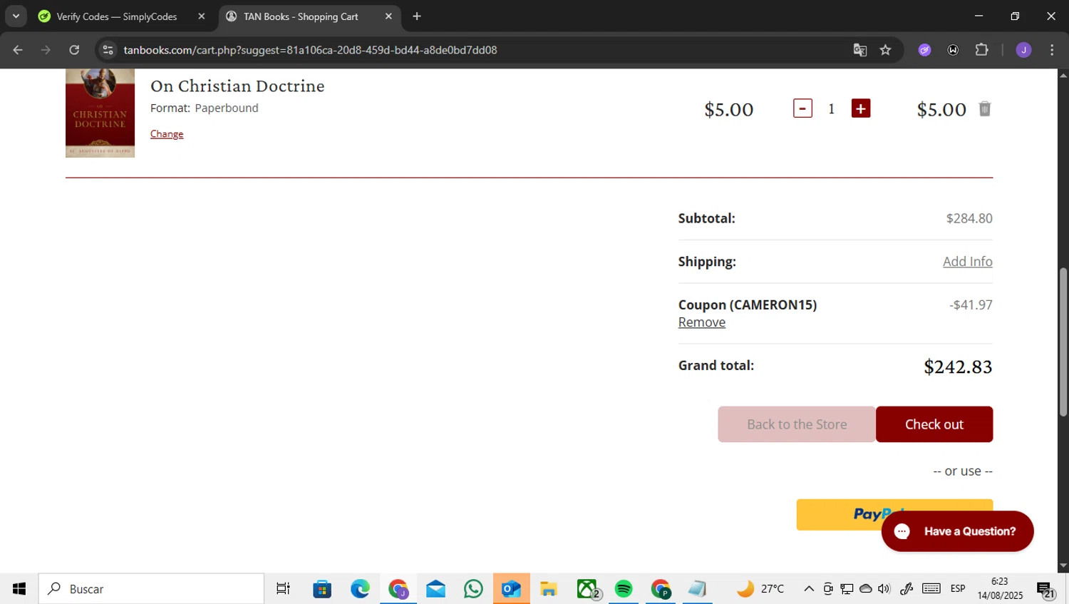 Tan Books promo code screenshot showing code CAMERON15 applied at Tan Books checkout page. Uploaded by SimplyCodes community member ENCARAMESSI on Aug 14, 2025