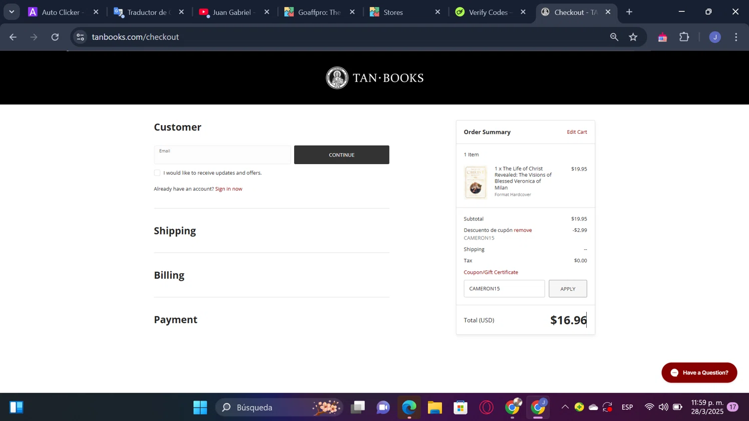 Tan Books promo code screenshot showing code CAMERON15 applied at Tan Books checkout page. Uploaded by SimplyCodes community member thesoldier on Mar 29, 2025