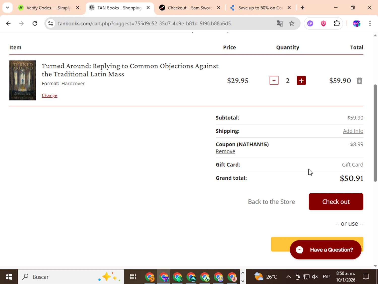 Tan Books checkout page showing Tan Books promo code box | Screenshot taken by SimplyCodes community member on Jan 10, 2026