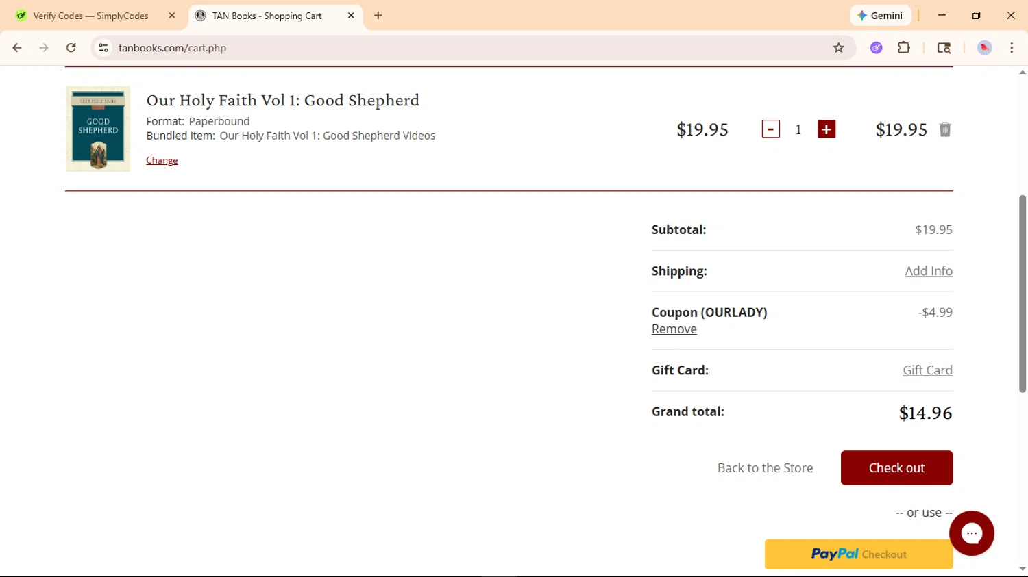 Tan Books checkout page showing Tan Books promo code box | Screenshot taken by SimplyCodes community member on Feb 13, 2026