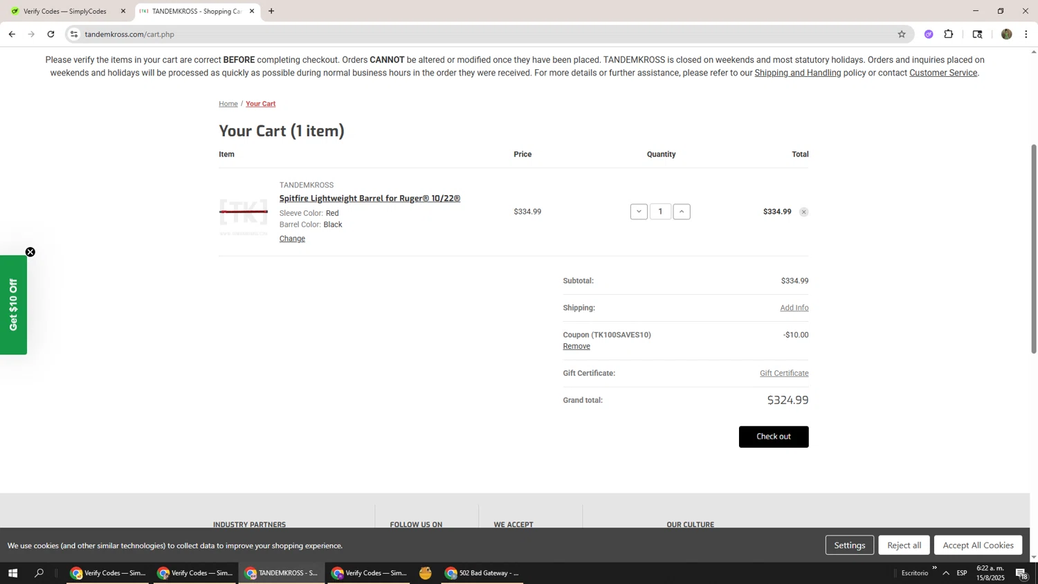 Tandem Kross promo code screenshot showing code TK100SAVES10 applied at Tandem Kross checkout page. Uploaded by SimplyCodes community member Phoenix585 on Aug 15, 2025