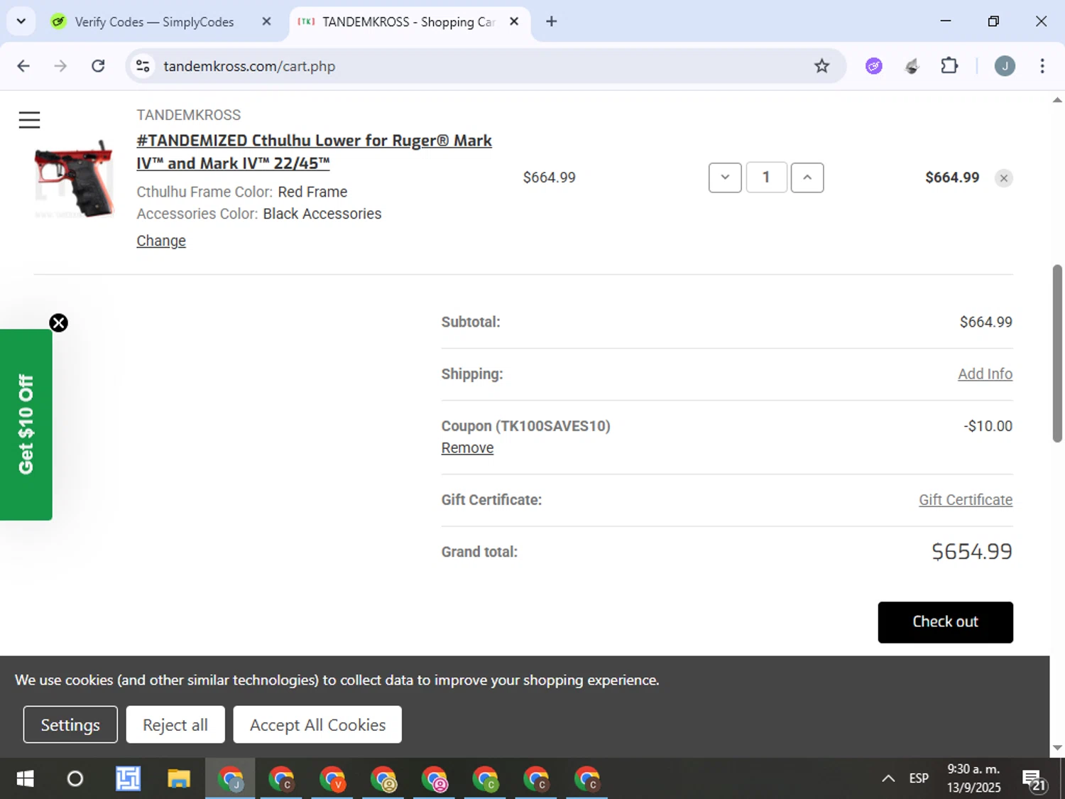 Tandem Kross promo code screenshot showing code TK100SAVES10 applied at Tandem Kross checkout page. Uploaded by SimplyCodes community member ValueTracker8384 on Sep 13, 2025