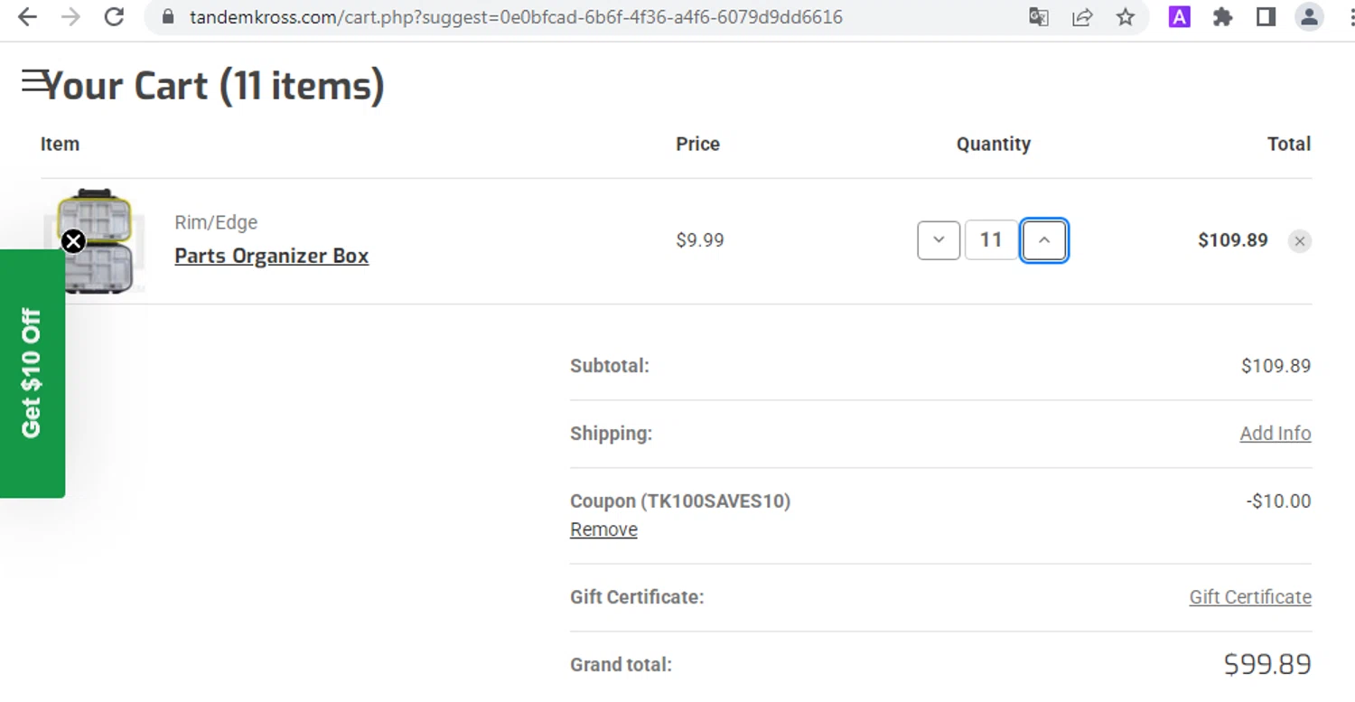 Tandem Kross promo code screenshot showing code TK100SAVES10 applied at Tandem Kross checkout page. Uploaded by SimplyCodes community member tumiedo on Oct 8, 2025