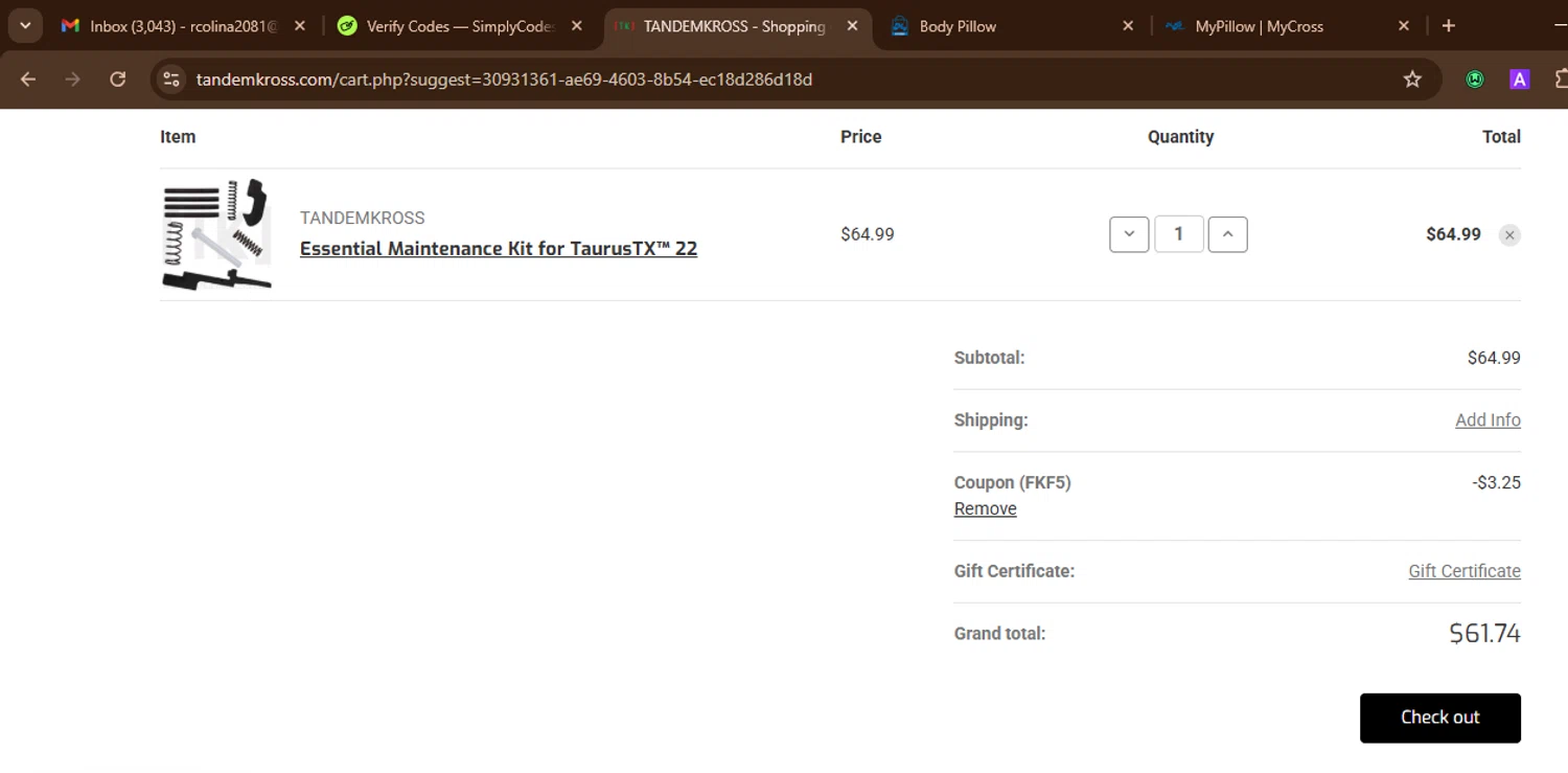 Tandem Kross promo code screenshot showing code FKF5 applied at Tandem Kross checkout page. Uploaded by SimplyCodes community member SnoopDogg on Jul 17, 2025
