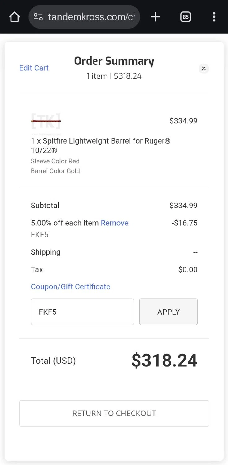 Tandem Kross promo code screenshot showing code FKF5 applied at Tandem Kross checkout page. Uploaded by SimplyCodes community member ValiantCurator3344 on Sep 13, 2025