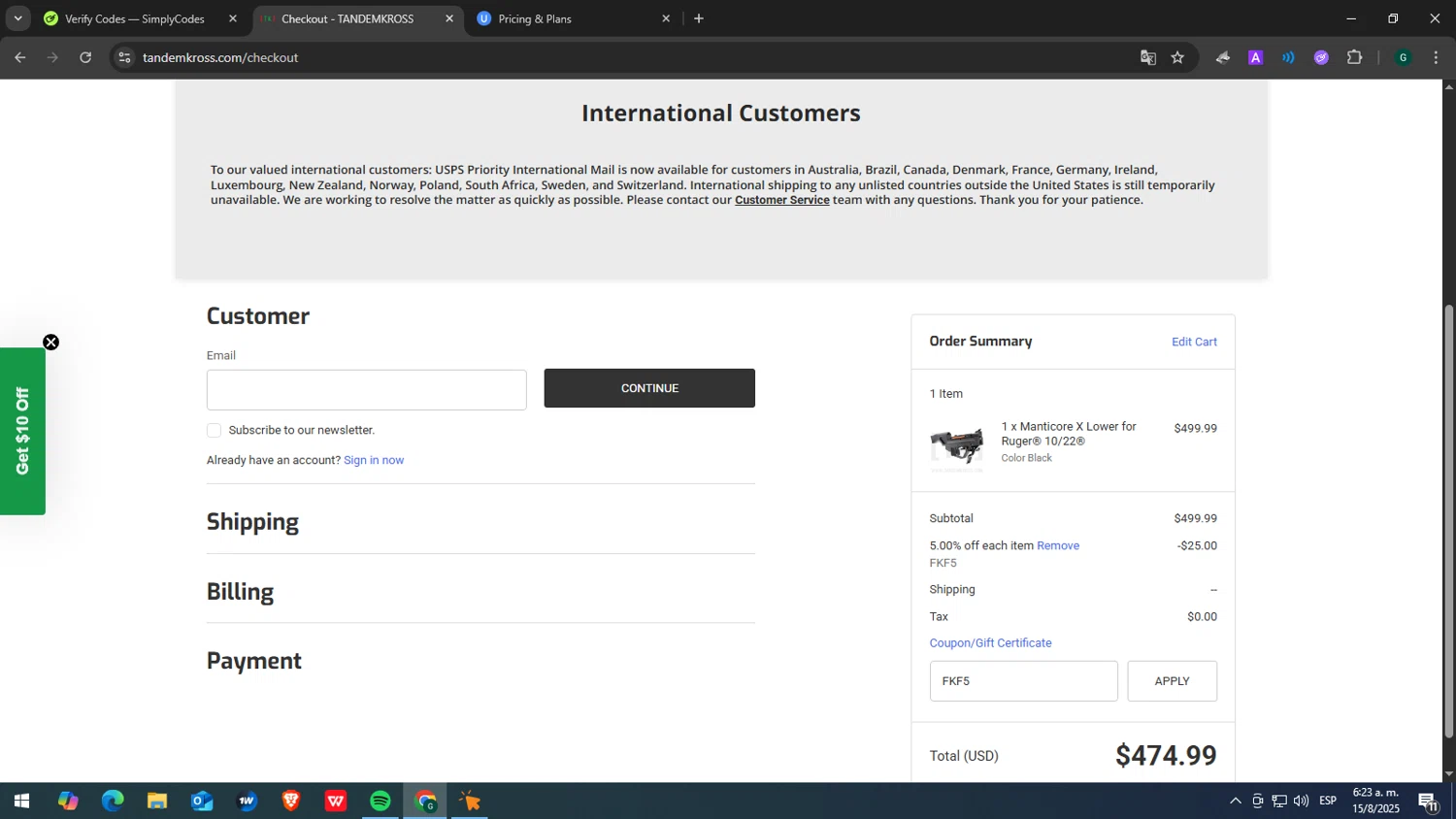Tandem Kross promo code screenshot showing code FKF5 applied at Tandem Kross checkout page. Uploaded by SimplyCodes community member yasabesssss on Aug 15, 2025