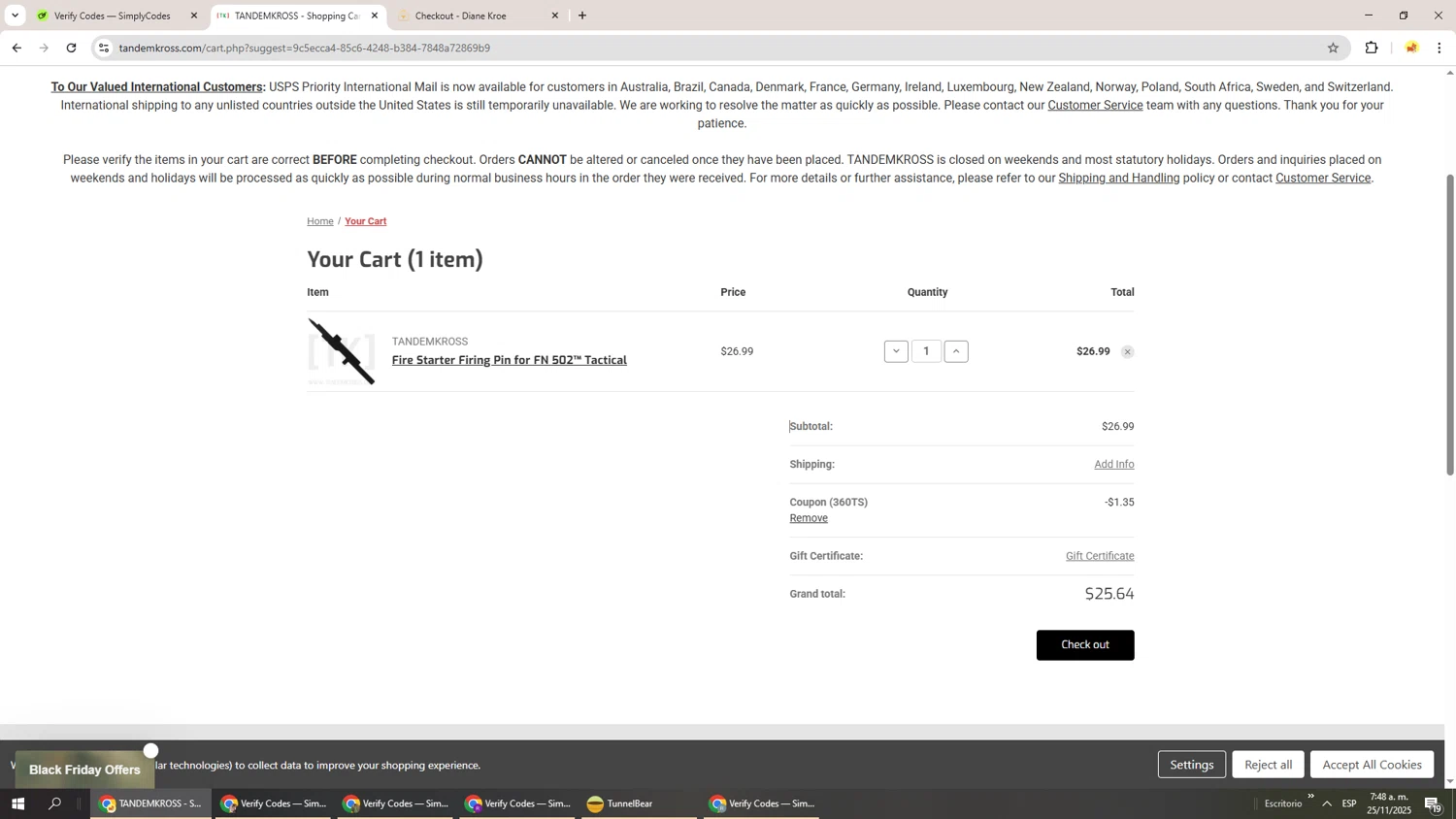 Tandem Kross promo code screenshot showing code 360TS applied at Tandem Kross checkout page. Uploaded by SimplyCodes community member Richard251 on Nov 25, 2025