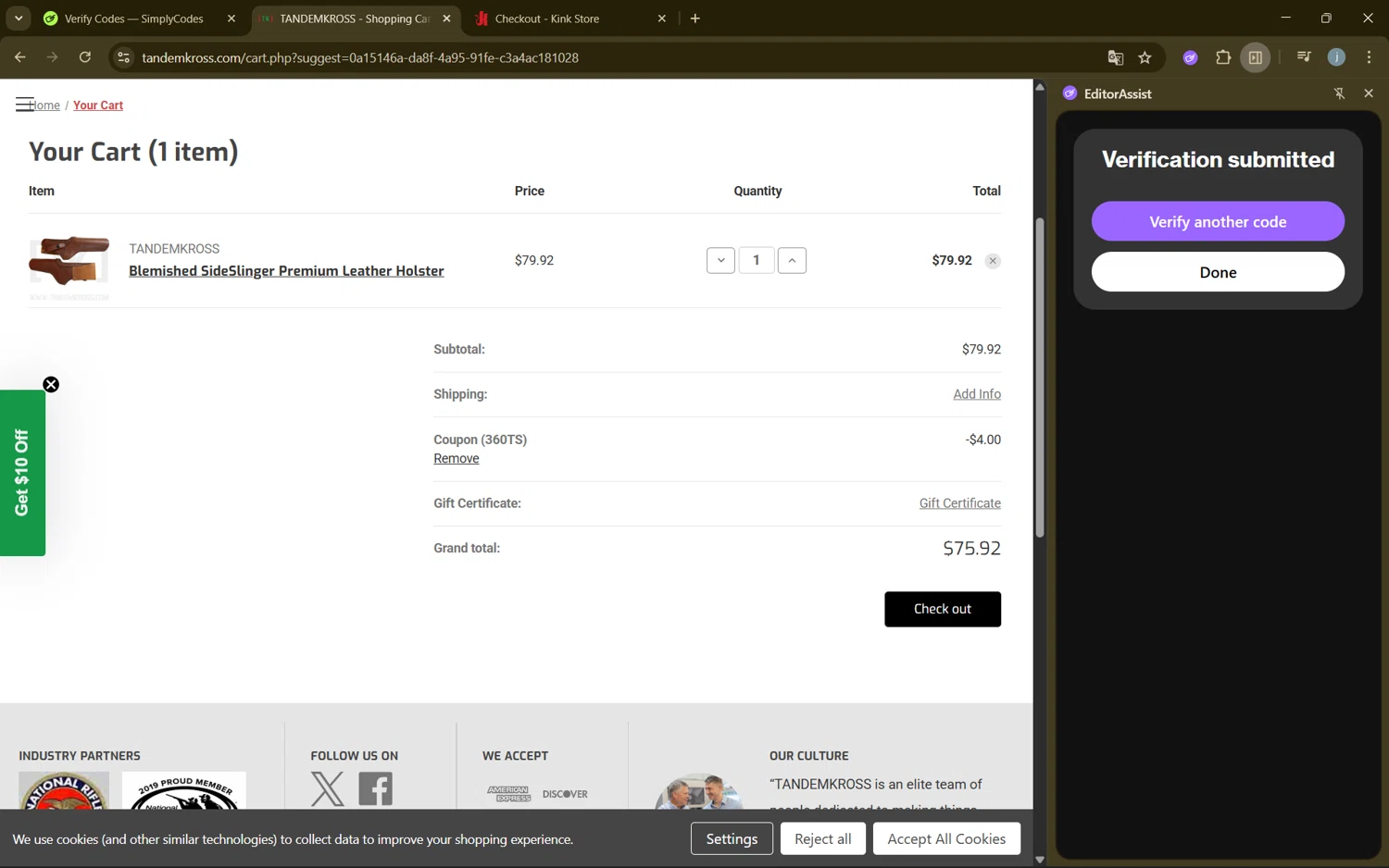 Tandem Kross promo code screenshot showing code 360TS applied at Tandem Kross checkout page. Uploaded by SimplyCodes community member frijolito on Sep 13, 2025