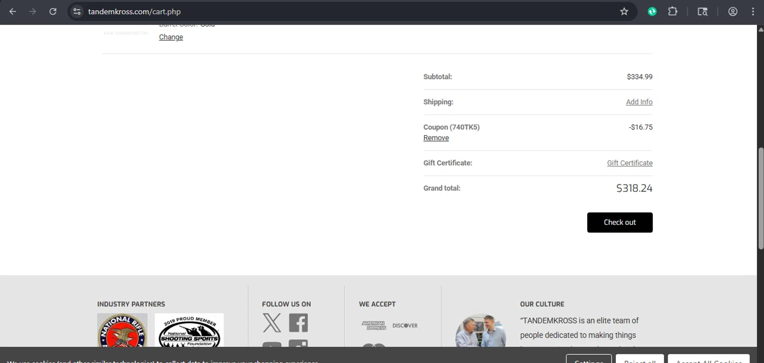 Tandem Kross promo code screenshot showing code 740TK5 applied at Tandem Kross checkout page. Uploaded by SimplyCodes community member xaswqe on Nov 16, 2025
