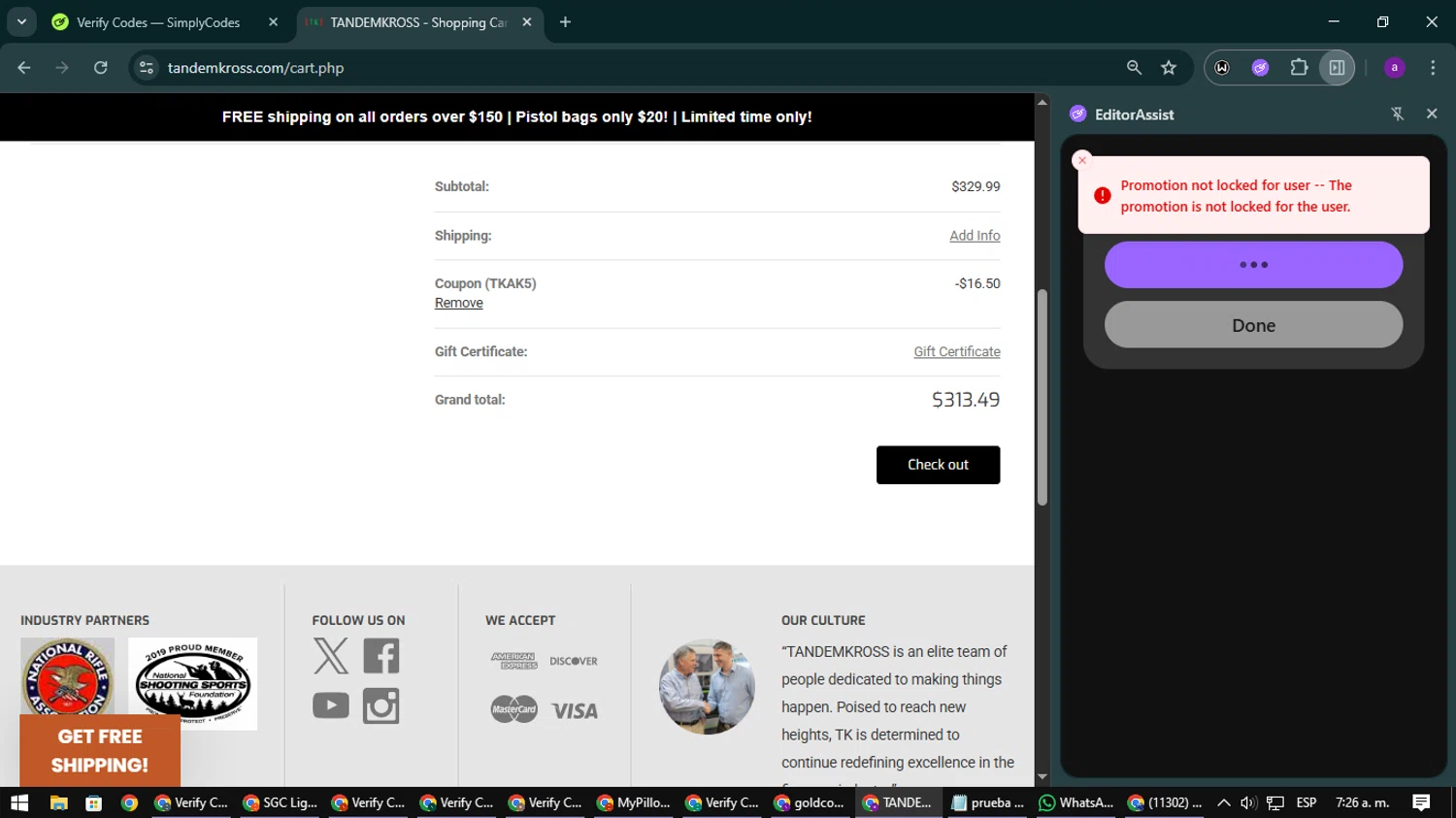 Tandem Kross promo code screenshot showing code Tkak5 applied at Tandem Kross checkout page. Uploaded by SimplyCodes community member CoinElite8997 on Dec 26, 2025