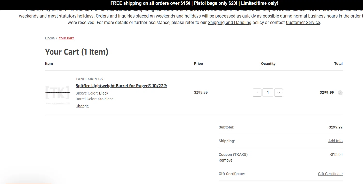 Tandem Kross promo code screenshot showing code Tkak5 applied at Tandem Kross checkout page. Uploaded by SimplyCodes community member CouponRanger9482 on Dec 26, 2025