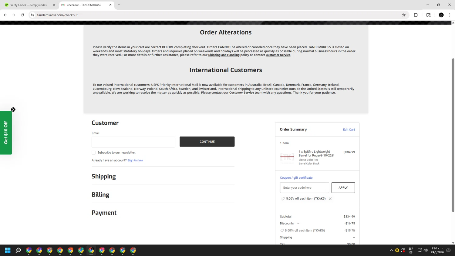 Tandem Kross checkout page showing Tandem Kross promo code box | Screenshot taken by SimplyCodes community member on Jan 24, 2026
