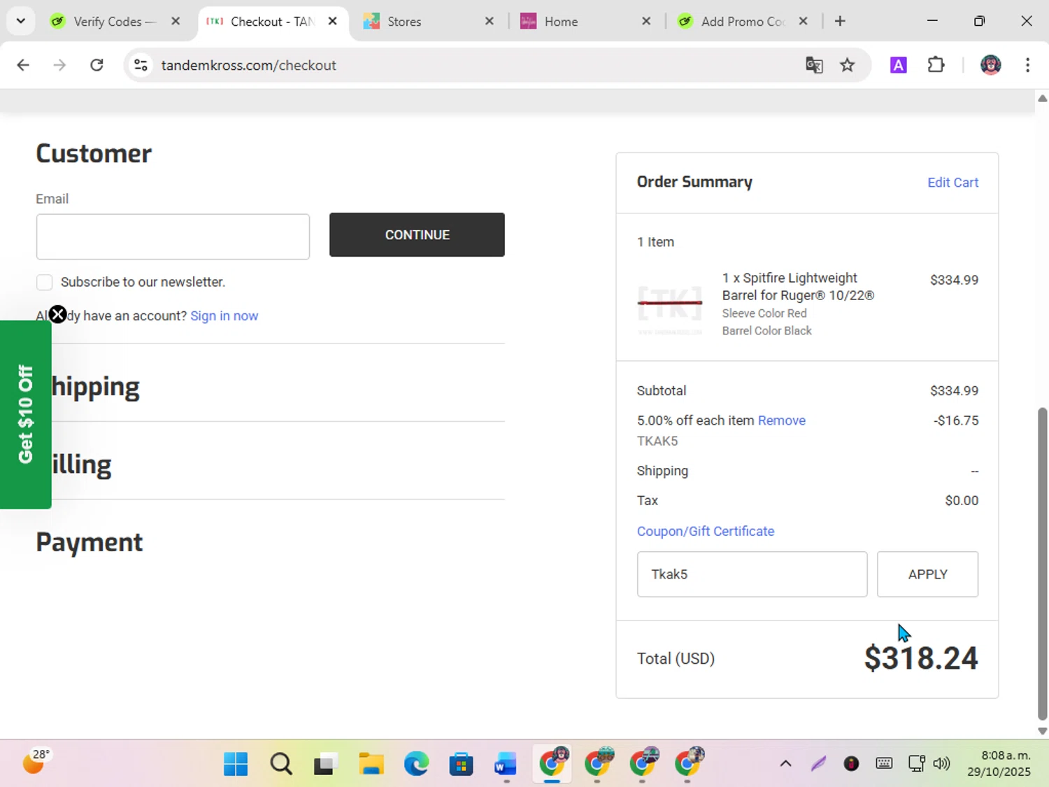 Tandem Kross promo code screenshot showing code Tkak5 applied at Tandem Kross checkout page. Uploaded by SimplyCodes community member karoline on Oct 29, 2025