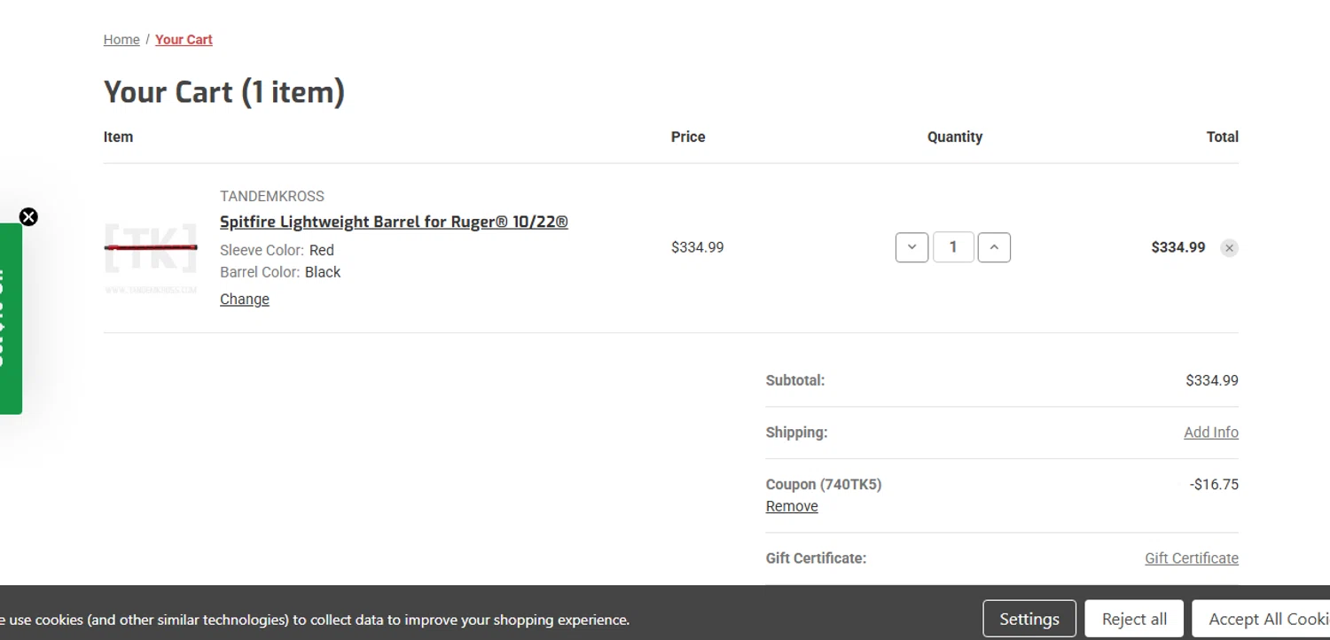 Tandem Kross promo code screenshot showing code 740TK5 applied at Tandem Kross checkout page. Uploaded by SimplyCodes community member shark12 on Oct 18, 2025