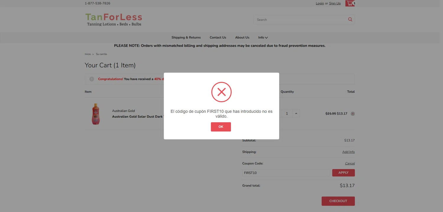 TanForLess.com promo code screenshot showing code FIRST10 applied at TanForLess.com checkout page. Uploaded by SimplyCodes community member Baltichiguy on Dec 12, 2025